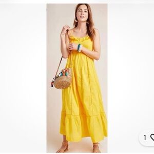 Anthropologie Maeve Arcadia Yellow Maxi Dress Ruffle Eyelet Sundress Women US 0